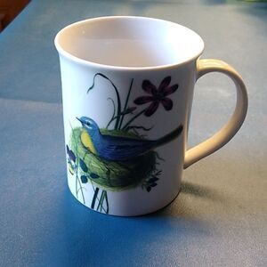 Fringe White ceramic/Porcelain Bird Floral and Feathers Mug Cottagecore